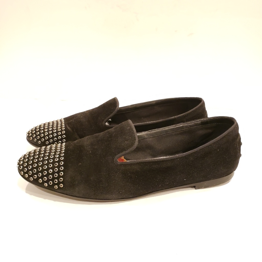 Tod's Women's Shoes Flats Black Suede Studded Smoking Slippers Size 39 Silver